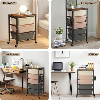 Rolling Cart with 3 Drawers, Plastic Drawer Storage Carts with Lockable Wheels & Wooden Tabletop, Metal Utility Cart Organizer, Office Bedroom Classroom Craft Organization and Storage, Bright White