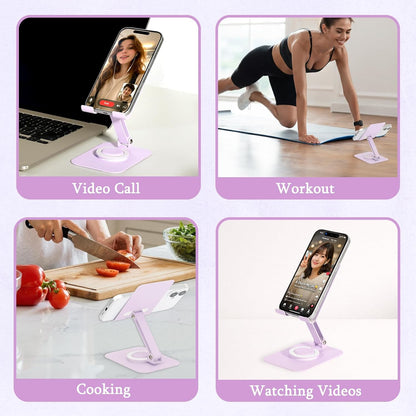 Adjustable Metal Phone Stand for Desk – Foldable 360° Rotating Phone Holder Compatible with iPhone 17/16/15/14 Pro Max/Air, Galaxy S25/S26 & Google Pixel 10a – Pink