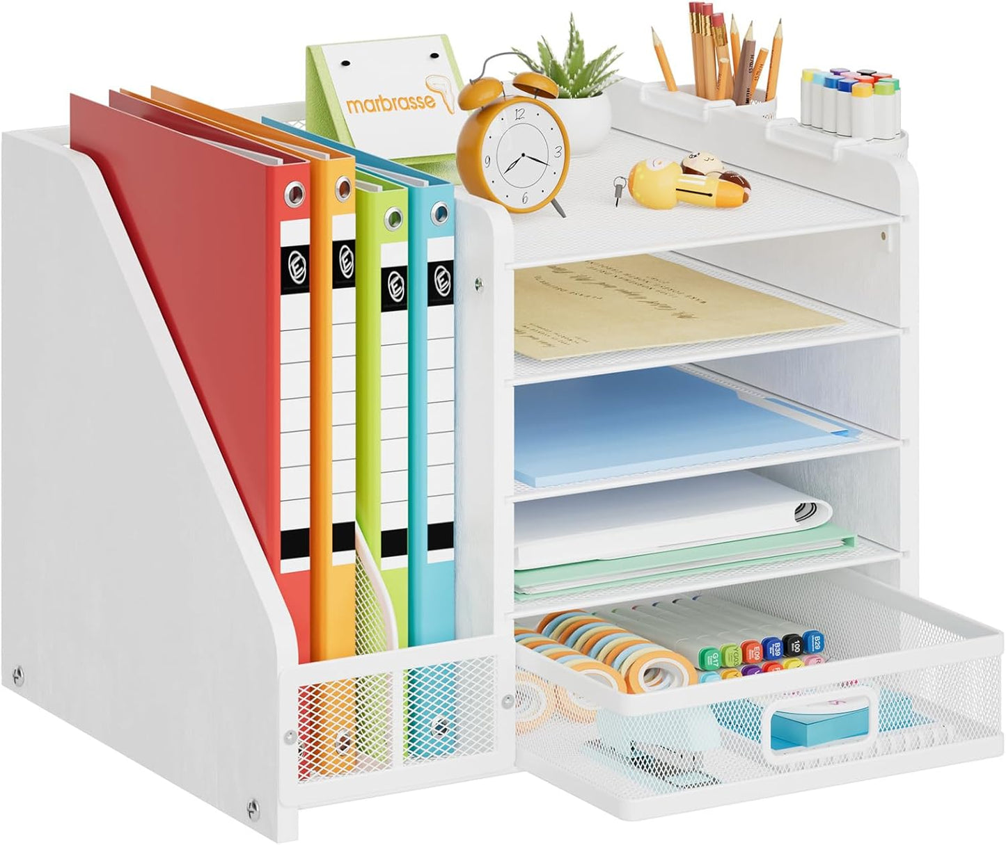 Marbrasse Desk Organizer with File Holder, 5-Tier Paper Letter Tray Organizer with Drawer and 2 Pen Holder, Mesh Desktop Organizer and Storage with Magazine Holder for Office Supplies(Black)