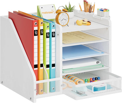 Marbrasse Desk Organizer with File Holder, 5-Tier Paper Letter Tray Organizer with Drawer and 2 Pen Holder, Mesh Desktop Organizer and Storage with Magazine Holder for Office Supplies(Black)