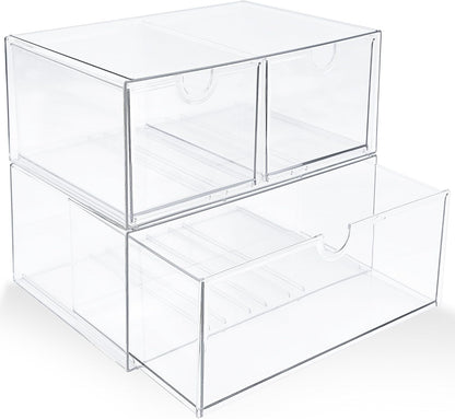 Prsildan Acrylic Makeup Organizer, 2 Pack Stackable Storage Drawers with 6 Drawers for Office Desk Vanity Craft Room Clear Drawer Organizers for Hair Accessories Art Supplies Cosmetics Modular System