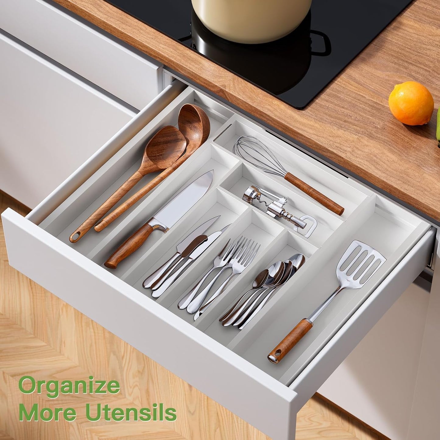 Pipishell Bamboo Expandable Silverware Drawer Organizer, Adjustable Kitchen Utensil Tray for Forks, Spoons and Knives, Wood Storage Cutlery Holder for Bedroom and Living Room
