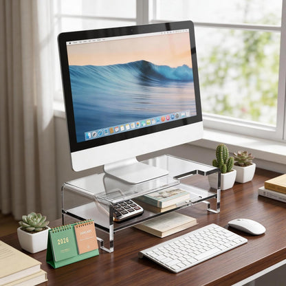 Acrylic Monitor Stand Riser Acrylic Laptop Stand for Desk Clear Computer Monitor Stand for Desk Accessories White Aesthetic Decorations for Office Home iMac Organizer