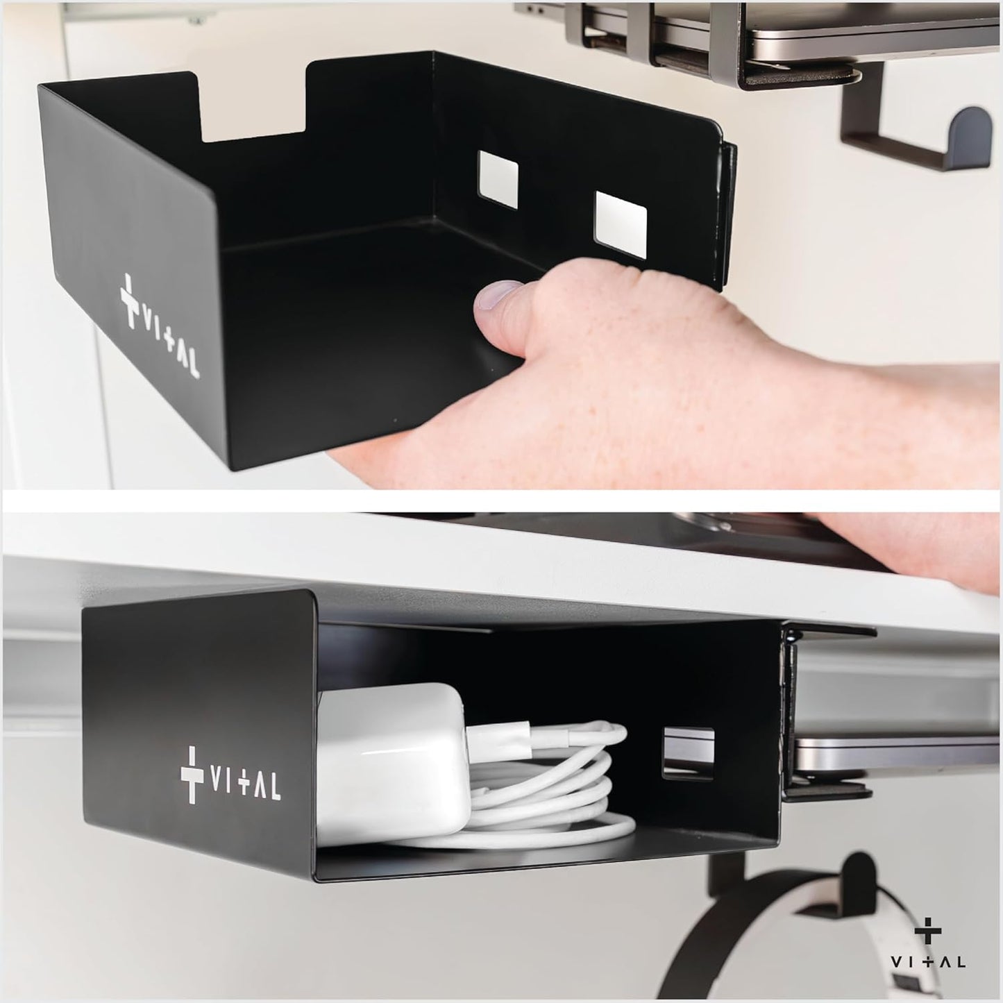 VI+AL Under Desk Laptop Mount - Hidden Metal Shelf with Side Storage, Hook & Cable Organizer - Installs with Tape & Screws - Fits Devices up to 1.7" Thick - Deluxe + LED (USB Light Strip & Remote)