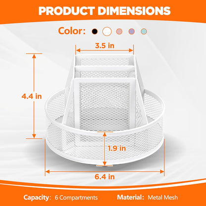 Docnest Mesh 360 Degree Rotating Pen Holder with 6 Compartment,Metal Pencil Cup Art Supply Storage Box Caddy,Teacher Stationery and Dorm Supplies Desk Organizer for Pencil,Sticky Note,Scissors-Pink