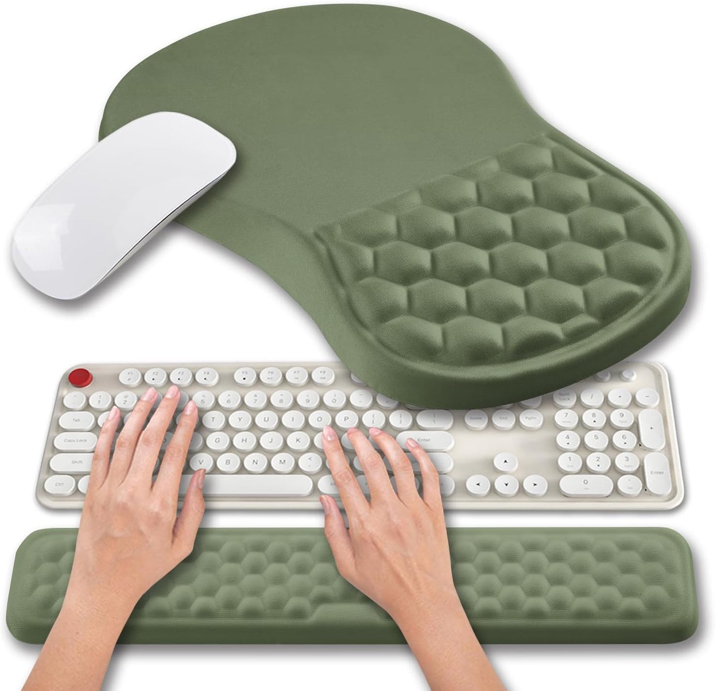 Hokafenle 2 in 1 Ergonomic Mouse Pad Wrist Support & Wrist Rest for Computer Keyboard Set, with Relieve Carpal Tunnel Pain Massage Bulge and Full Memory Gel Design (2In1 Set, Light Green)