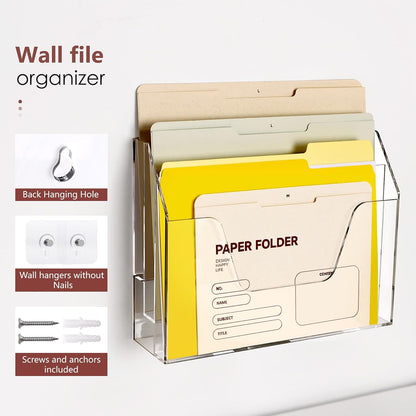Wall Hanging File Folder Organizer for Desk, 3-Tier Acrylic Magazine Rack Wall Mount File Holder, Clear Paper Document Office Organizer - 1 Pack