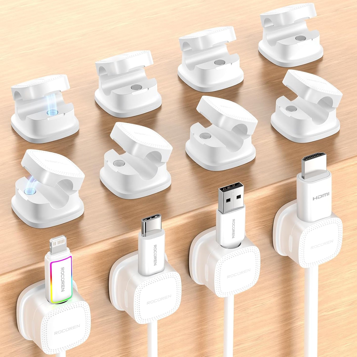 6-Pack Magnetic Cable Clips, Rocoren Smooth Adjustable Adhesive Cord Organizer, Desk Cable Management Wire Holder Keeper Cables Staples for Nightstand Home Office Desk Car Phone Wall Desktop