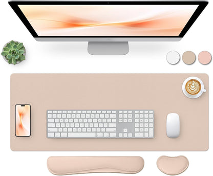 Bloss Leather Desk Pad and Keyboard Wrist Rest, Large Mouse Pad + Keyboard Pad+Mouse Wrist Support, Non-Slip Desk Mat Protector for Office, Home(31.5×15.7 Inches,Beige)