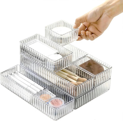 Makeup Drawer Organizer Bins Set - 7 PCS 4-Size Clear Bathroom Drawer Organizers Trays, Desk Junk Vanity Drawer Organizer Storage, Kitchen Utensils, Bathroom, Jewelries and Office
