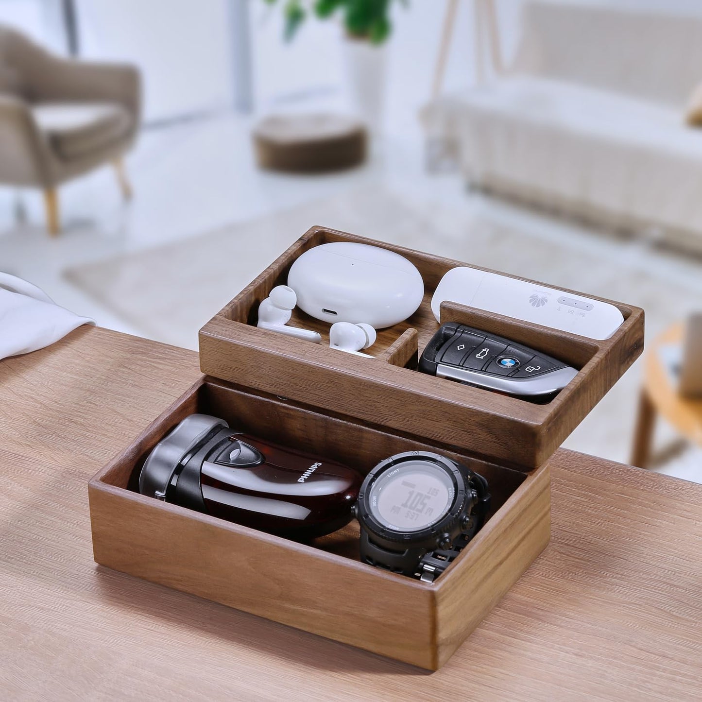 Valet Tray Box, Walnut Wooden Storage Box, Office Desk Daily Supplies Organizer