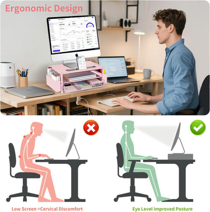 AUPSEN Wood Desk Organizers and Accessories, 2-Tier Computer Monitor Stand Riser with Drawer, Pen Storage & Phone Holder, Office Desk Accessories, Workspace Desktop Organization for Office Supplies（Brown）