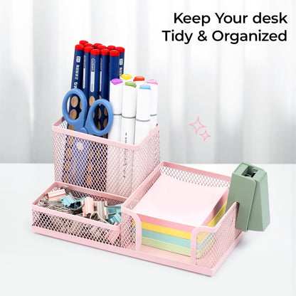 M&G Mesh Pen Holder Desk Organizers Pencil Holder for Desk Black, 3 Compartments Metal Office Supply Organizer with Sticky Notes Holder for School Home Office