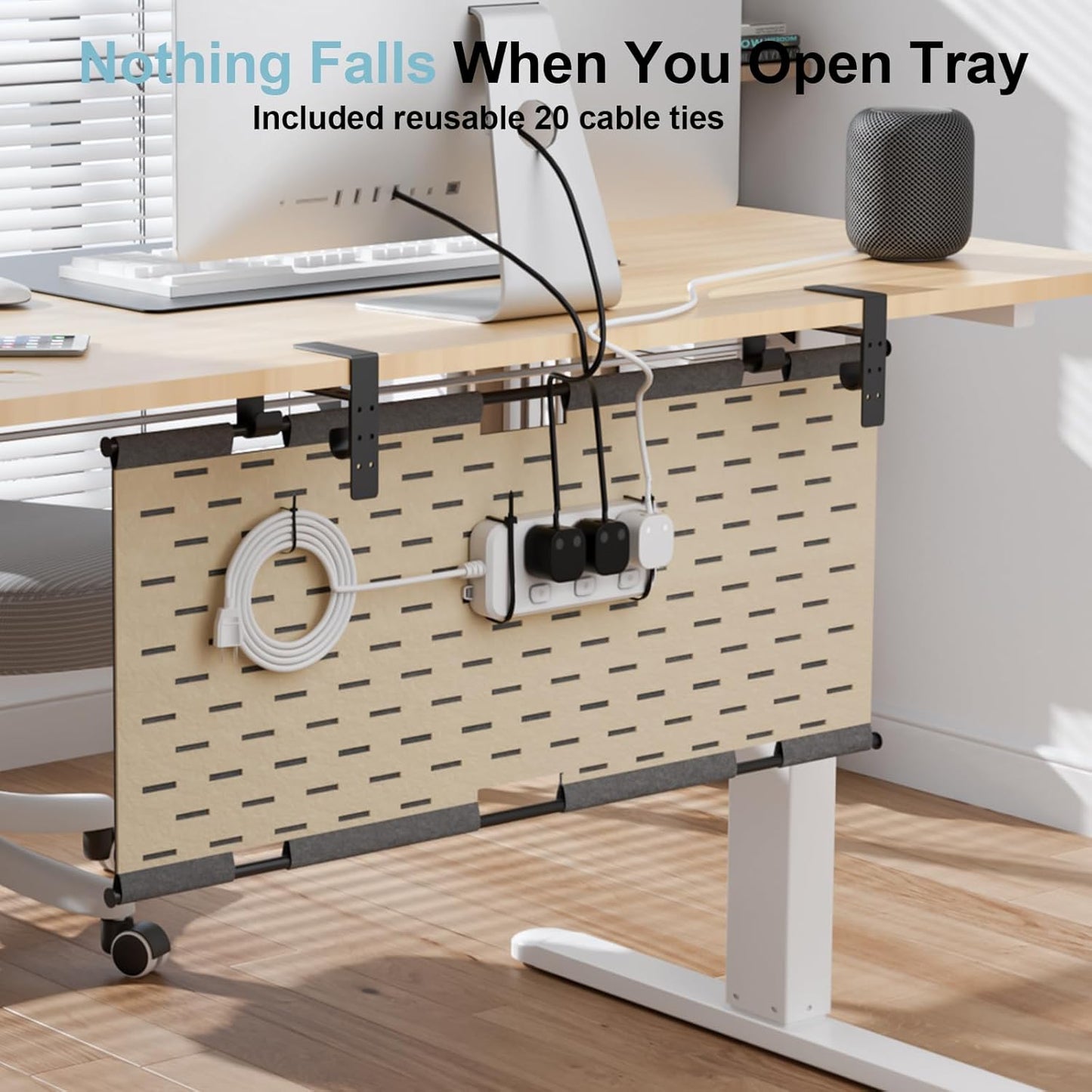 2-in-1 Under Desk Cable Management Tray & Privacy Panel, Dual-Sided Thick Felt Cord Organizer with 20 Cable Ties,Heavy Duty Steel Frame Support, No-Drill Clamp Mount,Large Capacity (Khaki/Gray, 45.2")