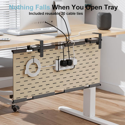 2-in-1 Under Desk Cable Management Tray & Privacy Panel, Dual-Sided Thick Felt Cord Organizer with 20 Cable Ties,Heavy Duty Steel Frame Support, No-Drill Clamp Mount,Large Capacity (Khaki/Gray, 45.2")