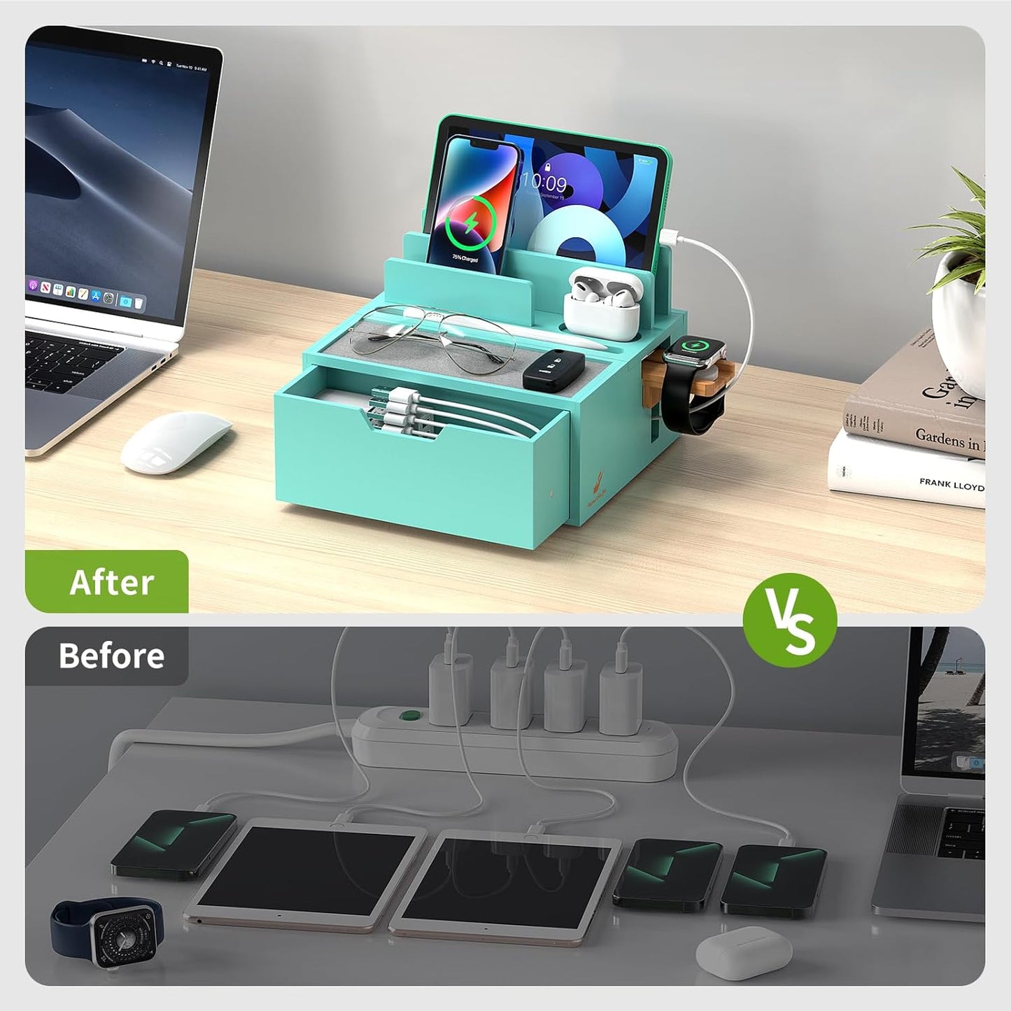 Pezin & Hulin Bamboo Charging Station for Multi Device, with Power Charger & Cables, Nightstand Docking Station with Lined Tray & Drawer, Compatible with Tablet, Cell Phones