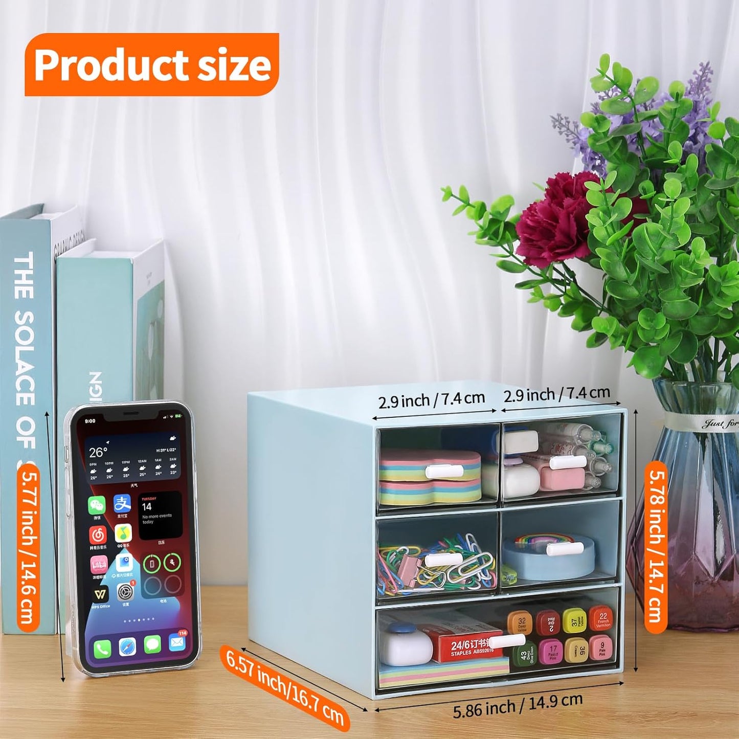 Desk Organizer with 5 Drawers, Rectangular Office Stationery Supplies Desktop Drawers, Plastic Makeup Storage, Suitable for Office, School, Home (Pink & 5 Drawers)