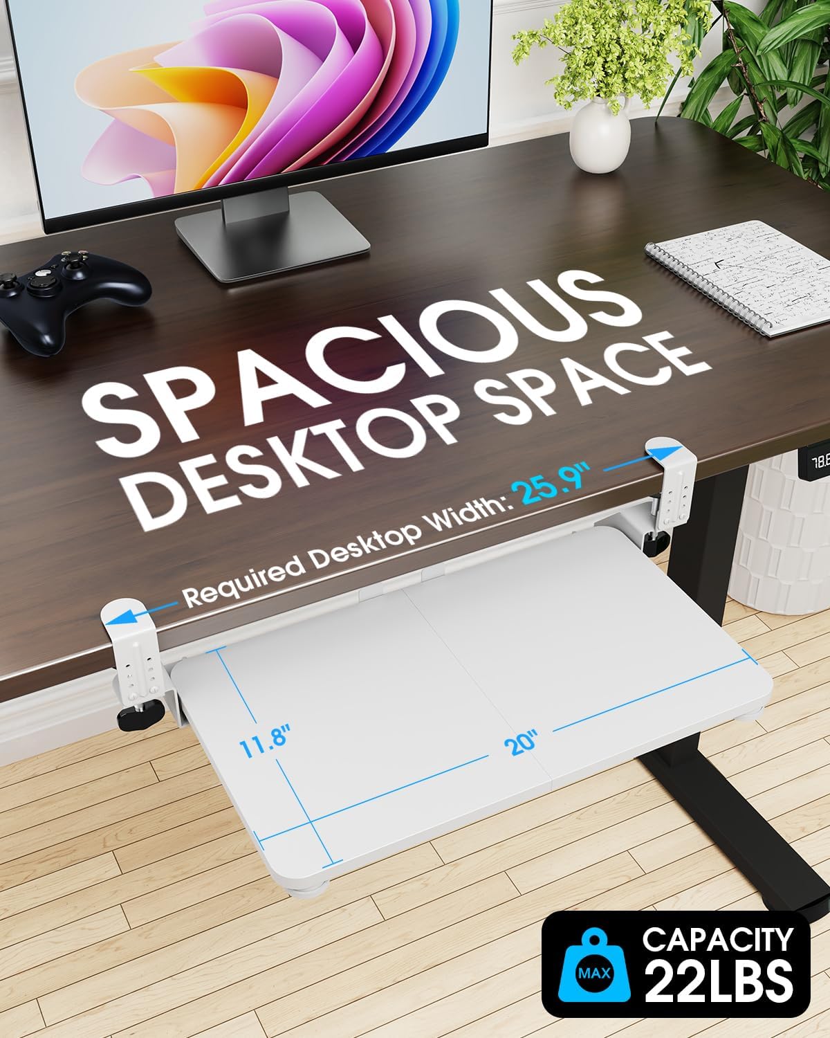 Large Keyboard Tray Under Desk, Pull Out Keyboard & Mouse Tray with Adjustable C-clamp, 25.6(31.5 Including Clamps) x 11.8 Inch Slide Out Computer Keyboard Drawer Mouse Tray for Typing, Brown