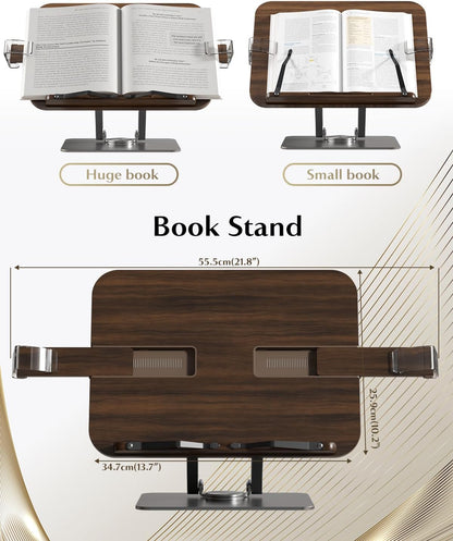 Book Stands for Reading,Adjustable Book Holder with 360° Rotating Metal Base,Foldable Cookbook Stand, Reading Hands Free with ABS Expandable Page Clips for Recipe,Textbook,Laptop