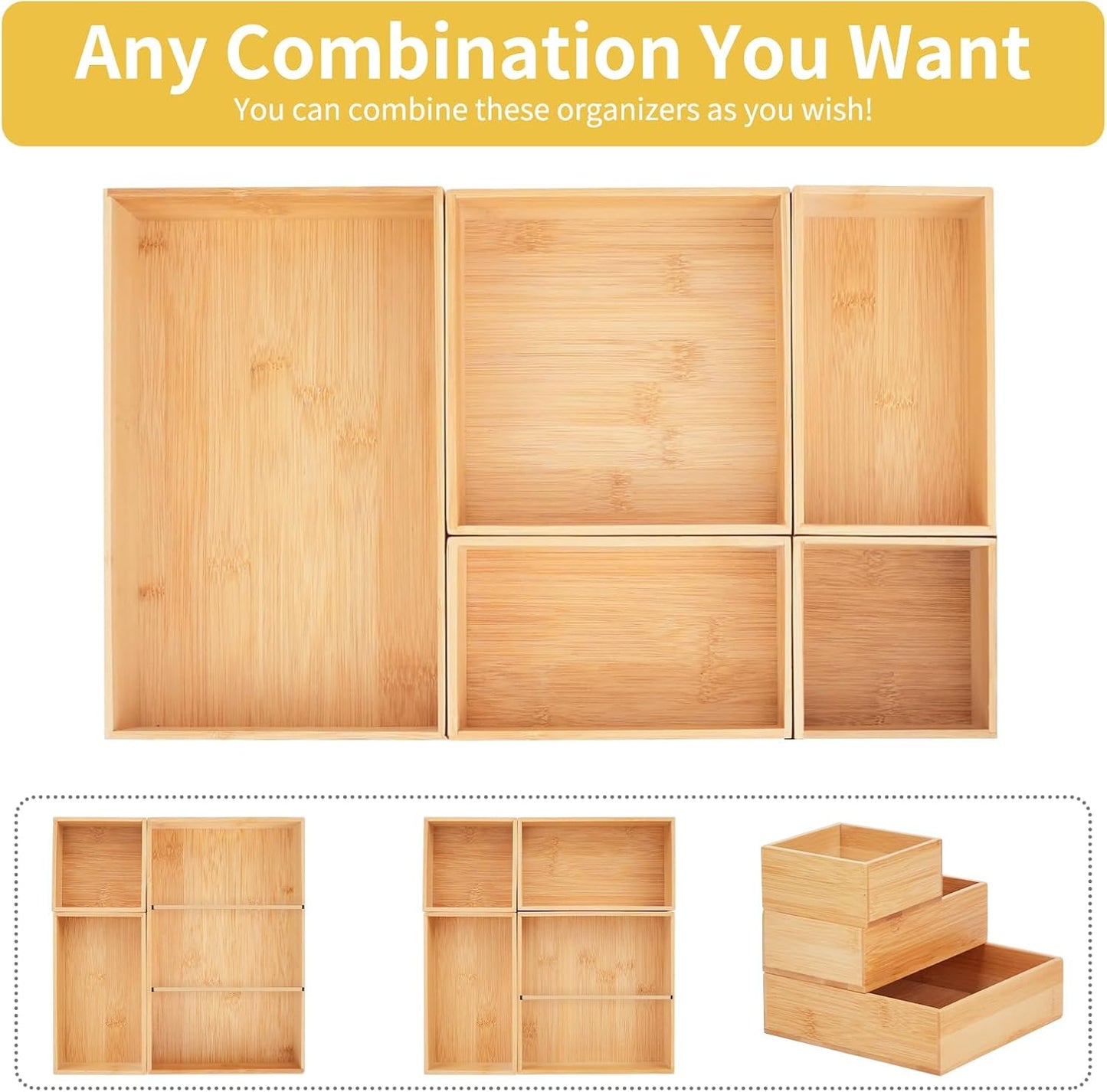 Bamboo Drawer Organizer with 2 Dividers, 5PCS Adjustable Junk Desk Organizer Trays with 7 Grid , Wood Stackable Storage Boxes Bins for Kitchen Flatware, Office Desktop, Bathroom Makeup, Jewelry