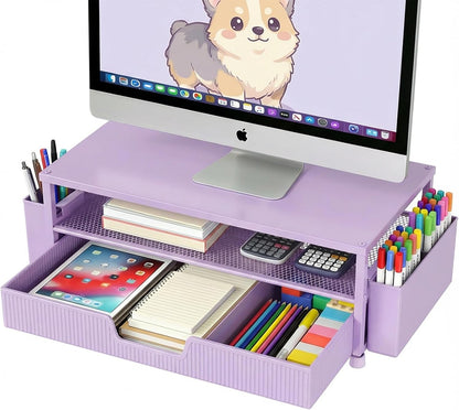 ECOLOVI Desk Organizer and Accessories, 2-Tier Computer Monitor Stand Rise with Storage Drawer & 2 Pen Holders, Laptop & Printer Stand for Desktop, Workspace Organizers for Office Supplies (Blue)