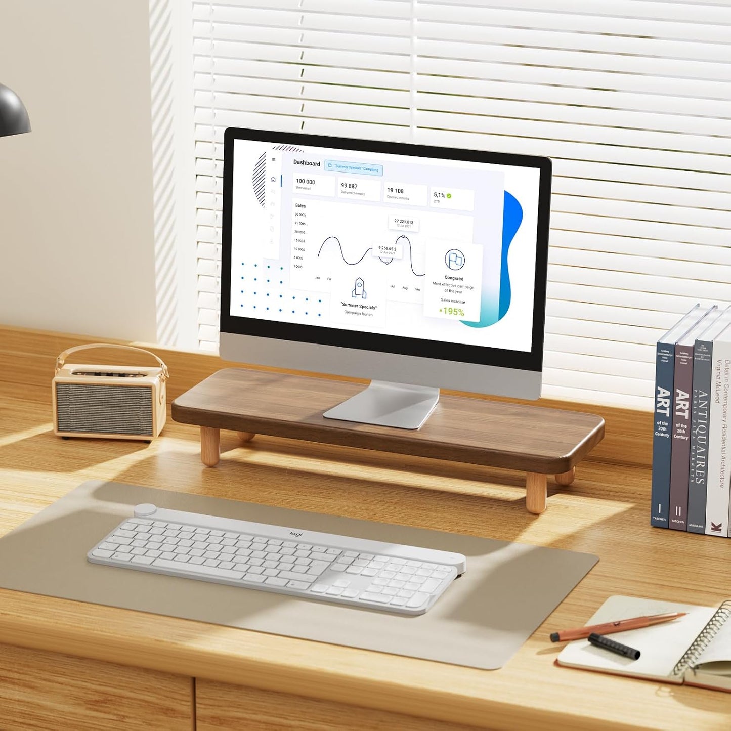Monitor Stand Riser, 24 Inch Wood Desk Organizer with Monitor Stand & Storage Computer Monitor and Laptop Riser Multifunctional Laptop Stand Desk Organizer for Office Home Screen/Laptop/PC (Light Walnut)