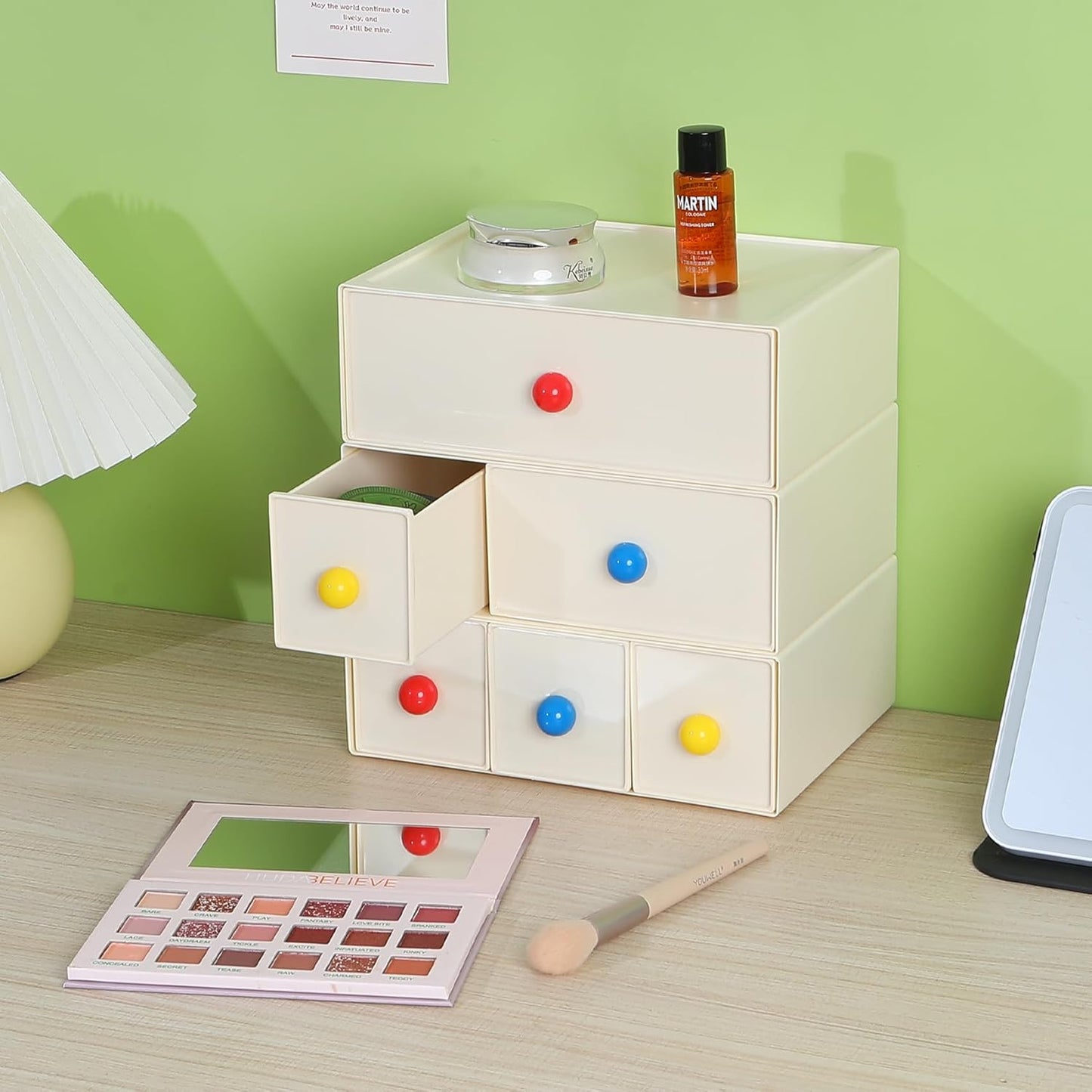 Desktop Storage Drawers, Plastic Desk Organizer with 3 Drawers, Modular Stackable Toolbox Units for Office Stationary, Makeup Container, Bathroom Countertop (1 Tall Layer, Cream & Clear)