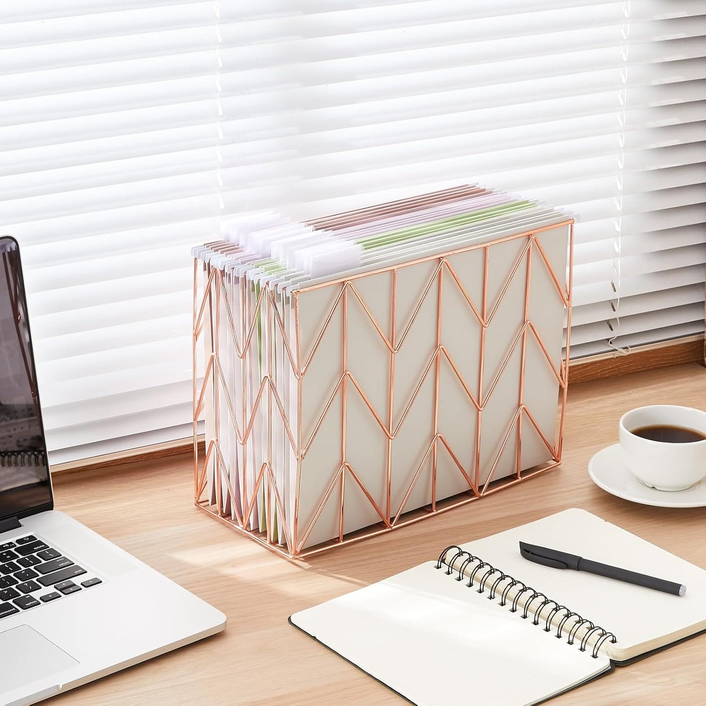 Hanging Rose Gold File Organizer, equipped with a 6-piece set of rose gold desktop accessories