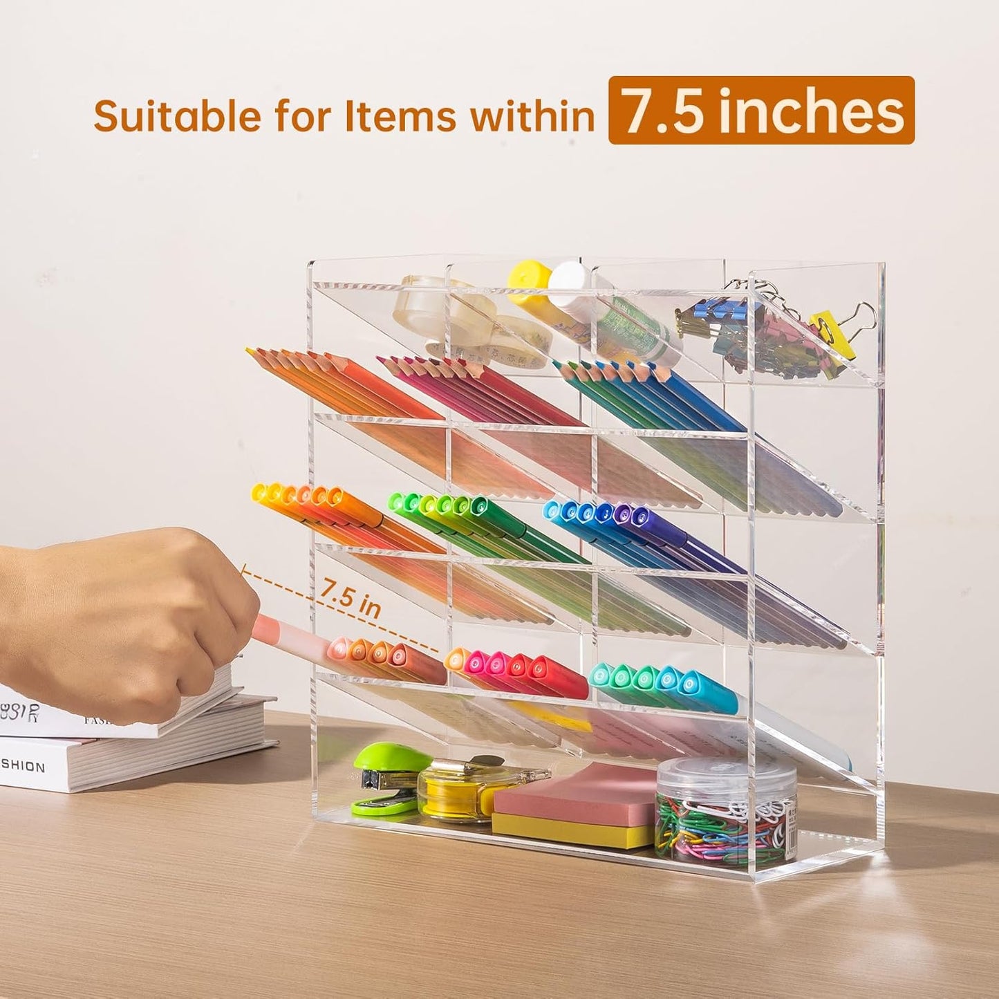 BEYGORM Acrylic Vertical Marker Organizer for 150 Markers with 13 Compartments, Clear Angled Pen & Pencil Holder, Large Desk Stationery & Art Supply Storage for Office & School (10.2 x 9.8 x 4 Inch)