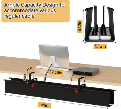 Under Desk Cable Management Tray - 36" Cord Organizer for Desk No Drill, Fabric Under Table Wire Organizer with 16X Cable Ties Hide for Office/Home, Cord Hider Fits Adapters & Sockets, White