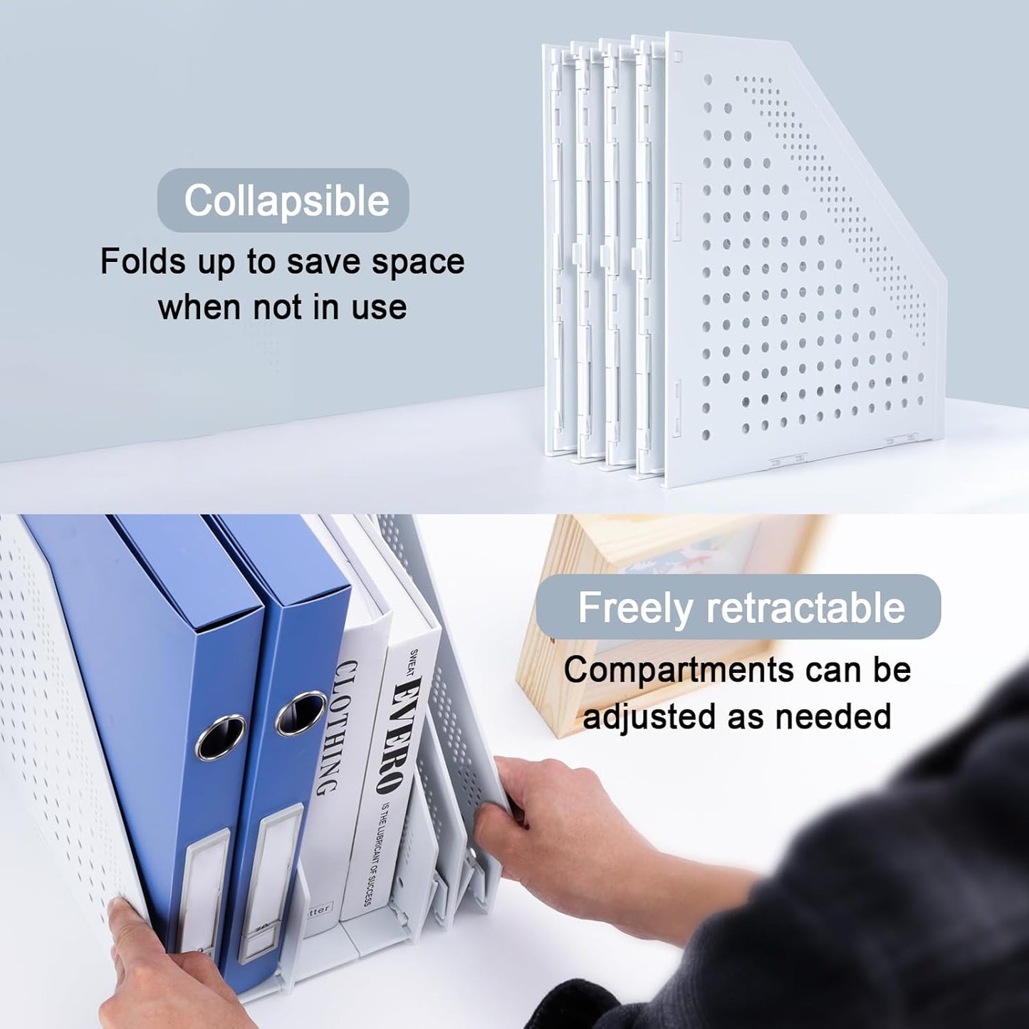 FRETONBA Collapsible Magazine File Holder with 2 Vertical Compartments Foldable Binder Holder for Desk Binder Storage Organizer Plastic Magazine Holders for Shelf, Dark Gray