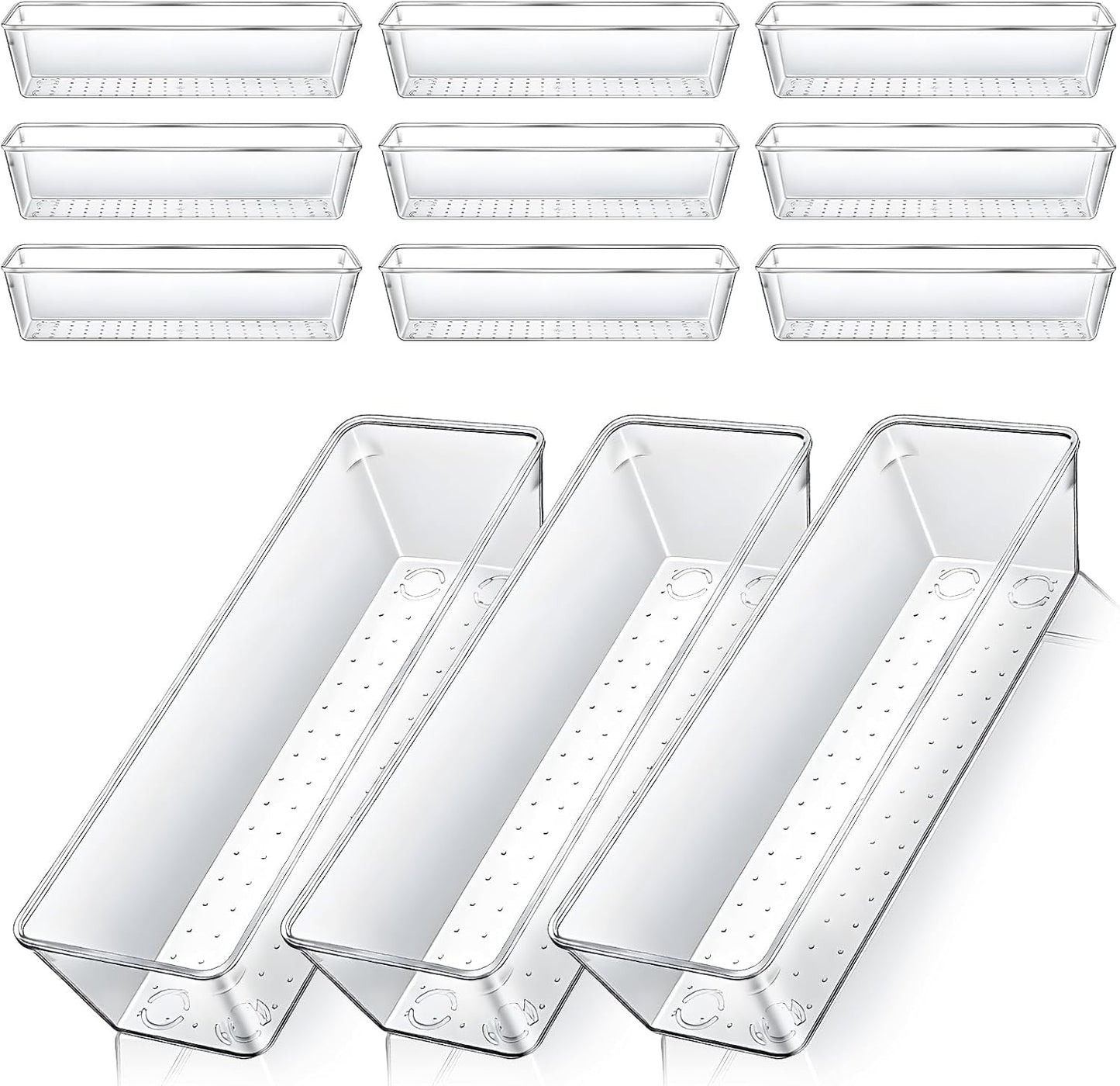 Dimeho 12 PCS Drawer Organizers Clear Plastic Vanity Drawer Dividers Kitchen Silverware Utensil Storage Desk Storage Tray for Bathroom Bedroom Office Makeup Jewelry 9 x 3 x 2 Inches