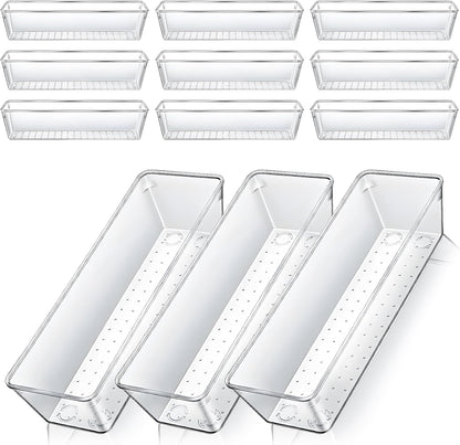 Dimeho 12 PCS Drawer Organizers Clear Plastic Vanity Drawer Dividers Kitchen Silverware Utensil Storage Desk Storage Tray for Bathroom Bedroom Office Makeup Jewelry 9 x 3 x 2 Inches