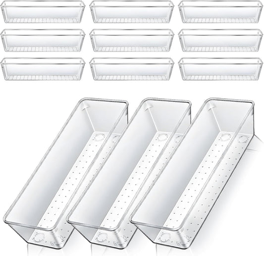 Dimeho 12 PCS Drawer Organizers Clear Plastic Vanity Drawer Dividers Kitchen Silverware Utensil Storage Desk Storage Tray for Bathroom Bedroom Office Makeup Jewelry 9 x 3 x 2 Inches