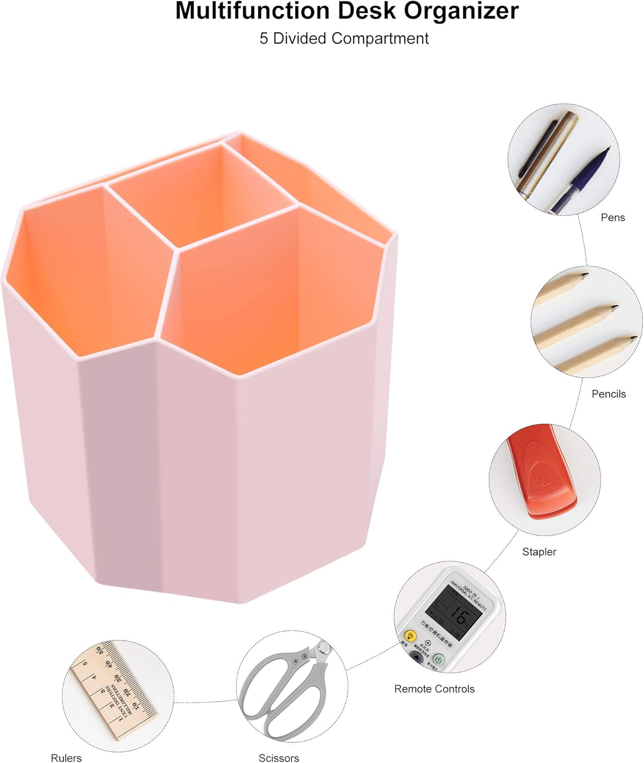 Siveit Desk Pencil Pen Holder, Rotating Pen Organizers 360-Degree 5 Grid Pen Holder for Desktop Storage Stationery Supplies Organizer, Home, Office, School, Kids, Peach Pink