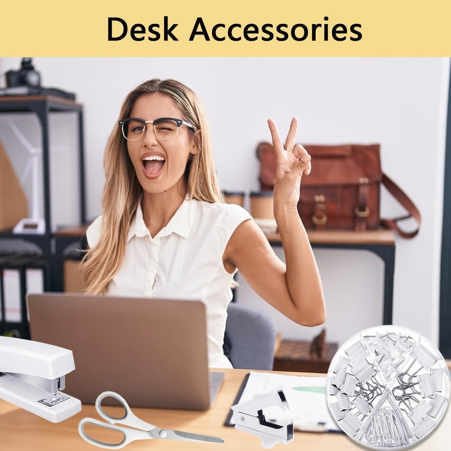 suniya Office Supplies,Gold Desk Accessories,with Stapler,Tape Dispenser,Pen Holder,Scissors,Phone Stand,Staple Remover,Ballpoint Pen,Clear Tape, Staples,Ruler,Clips,Best Gift for Business or Boss