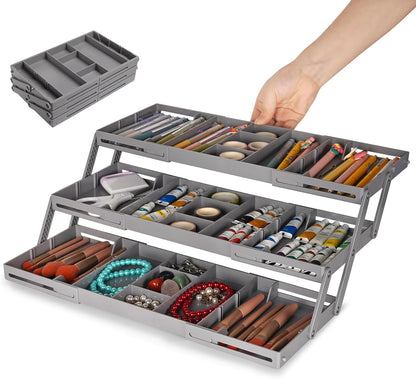 3 Tier Drawer Organizer - Expandable Junk Drawer Organizers Smart Office Supply Organizer, Folding Drawer Storage Multi-level Desk Organizer for Makeup,Jewelry,Cosmetics,Kitchen Storage (1 Row 3 Tier)