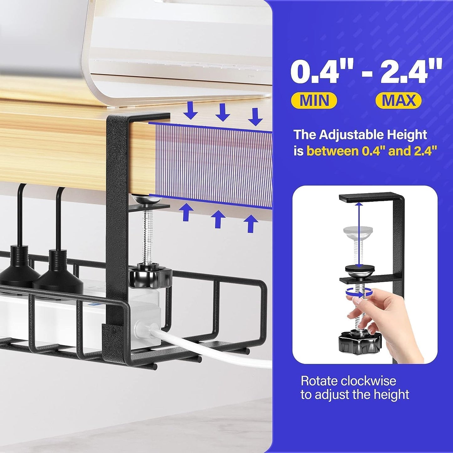 Under Desk Cable Management Tray, Xpatee Upgraded Wire Management No Drill No Screws, Cable Tray with Clamp for Wire Organizers, Computer Cord Rack for Office, Home - No Damage to Desk White