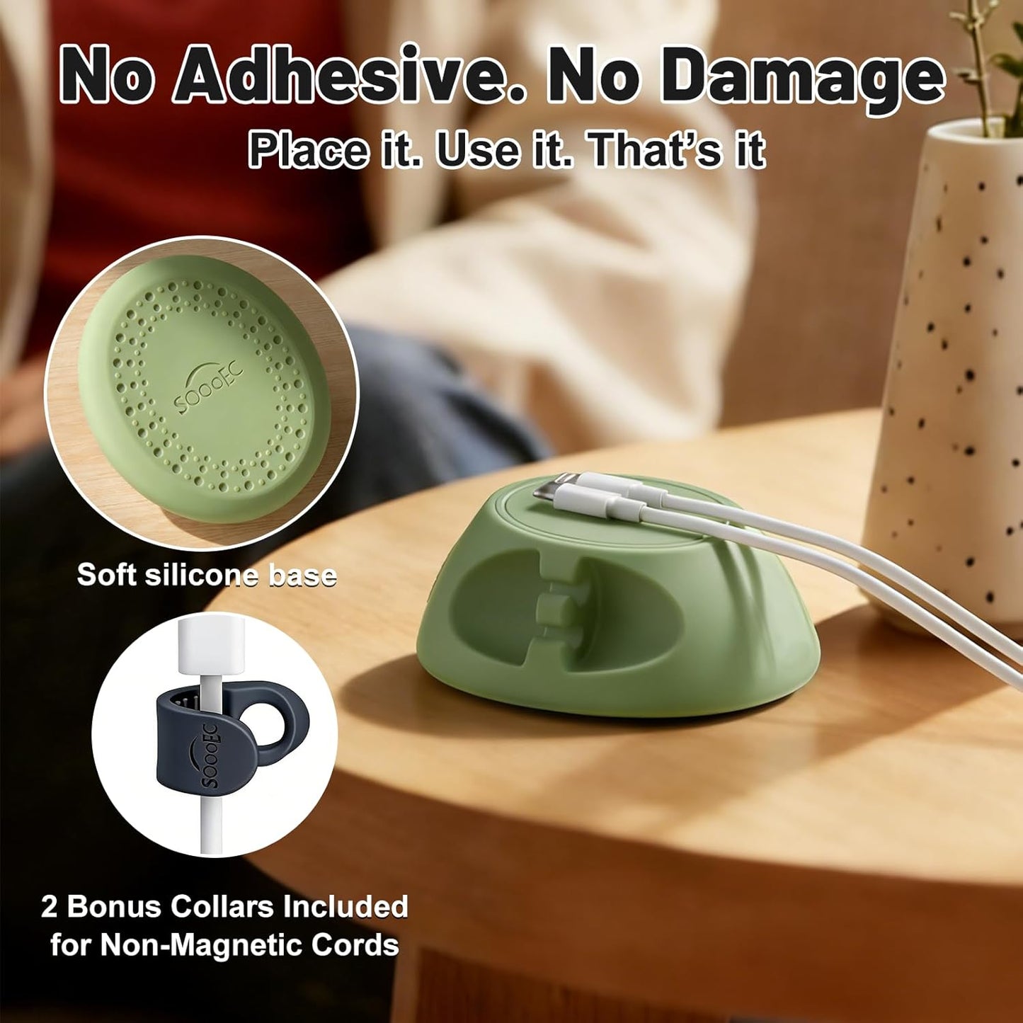 SOOoEC [N52 Ultra-Strong Snap-On Magnetic Cord Holder, Weighted Desktop Cable Organizer, Premium Liquid Silicone, No Collars Needed for iPhone & USB-C, Dual-Side Slots, Beige