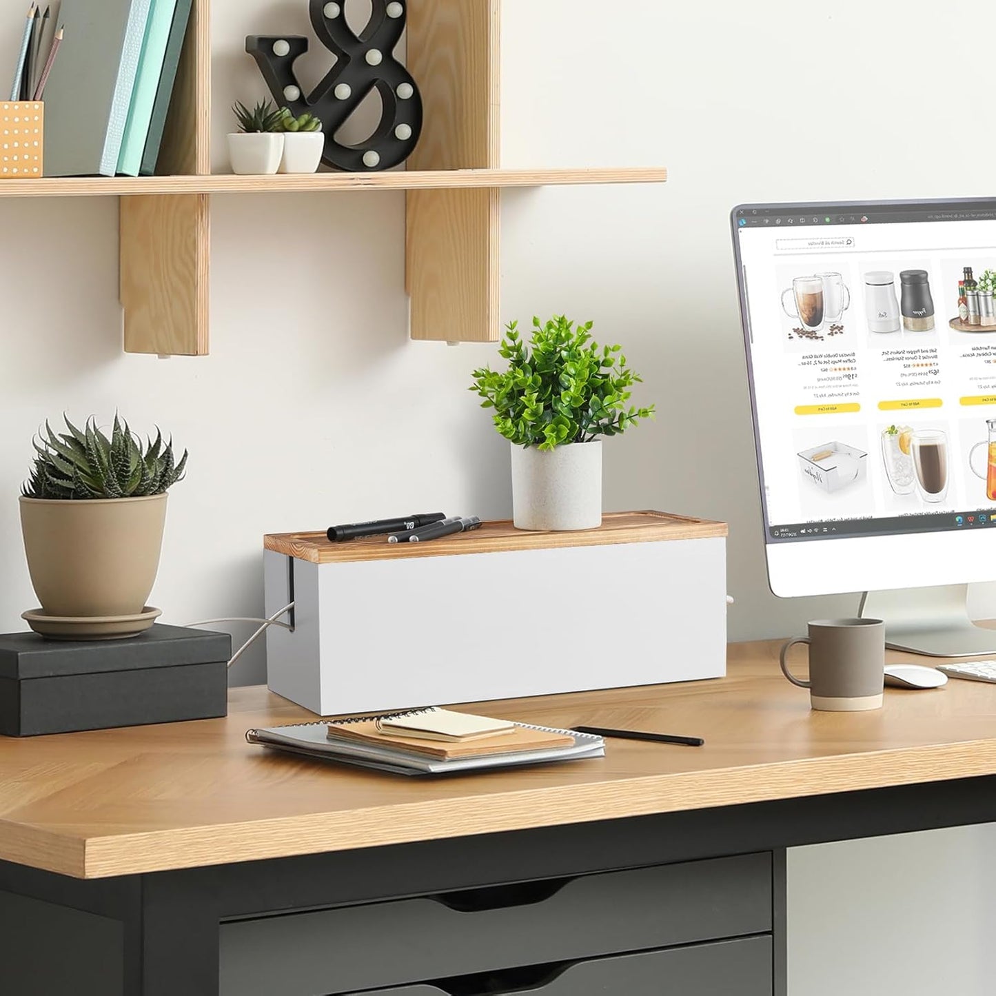 Bivvclaz Large Cable Management Box, Wooden Cord Organizer Box for Desk, Floor, Office to Hide Extension Cords Power Stripes Surge Protectors Chargers Wires, Black
