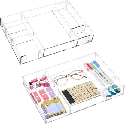 Briwooody 3 Pcs Clear Acrylic Desk Drawer Organizer 13.7 x 8.7 x 2 Inch Drawer Organizer Trays with 8 Compartments Desk Accessories for Office Makeup Silverware Bathroom