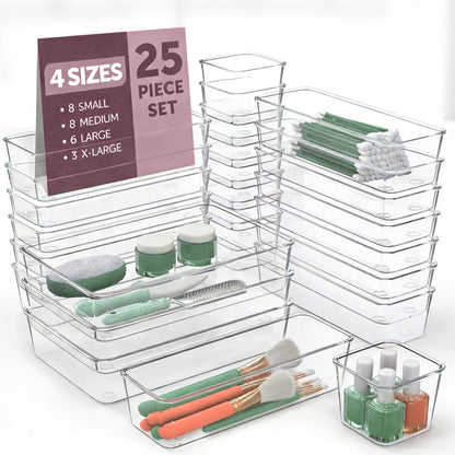 25-Piece Clear Plastic Drawer Organizer Set with 4 Sizes - Compartment Storage Bins, Drawer Dividers for Home, Office, Makeup, Jewelry, Gadgets, Kitchen and Bathroom Organization