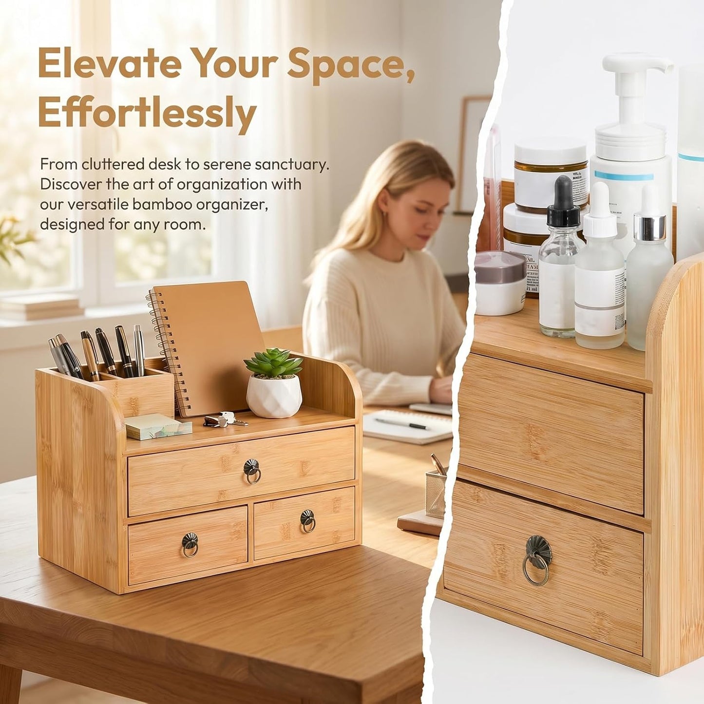 Nicunom Bamboo Desk Organizer, 3-Tier Bamboo Tabletop Storage Organization Multifunctional Desktop Organizer with Drawers for Home Office Toiletries Supplies Vanity