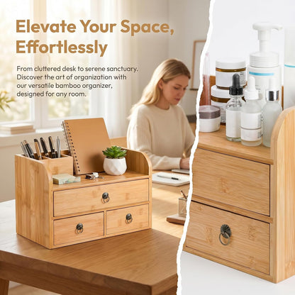 Nicunom Bamboo Desk Organizer, 3-Tier Bamboo Tabletop Storage Organization Multifunctional Desktop Organizer with Drawers for Home Office Toiletries Supplies Vanity