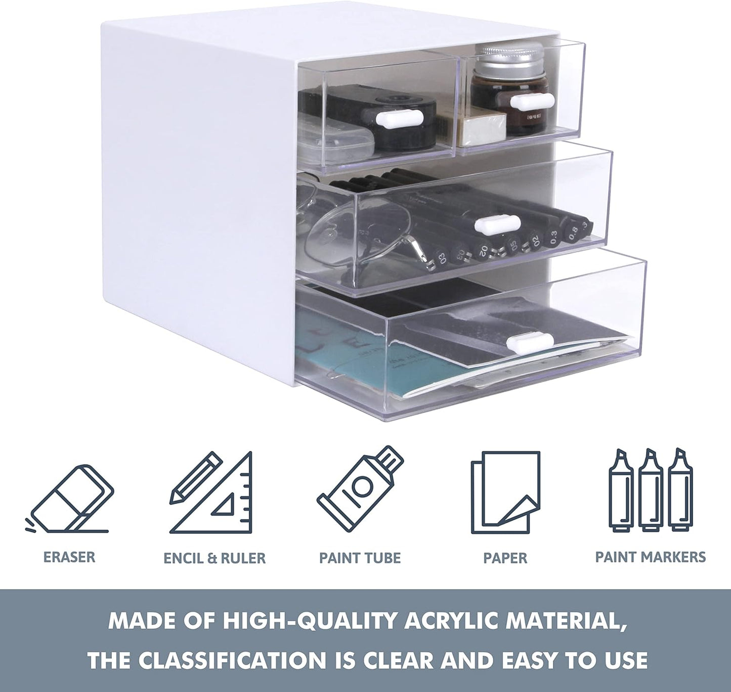 Desk Organizer with Drawer, Office Organizer with 4 Drawers, Desk Storage Box for, Desktop, Dressing table, Office, School, Home, Plastic Box and 4 Acrylic Drawers(White)