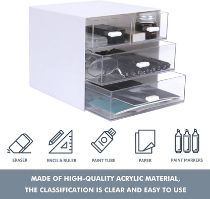 Desk Organizer with Drawer, Office Organizer with 4 Drawers, Desk Storage Box for, Desktop, Dressing table, Office, School, Home, Plastic Box and 4 Acrylic Drawers(White)
