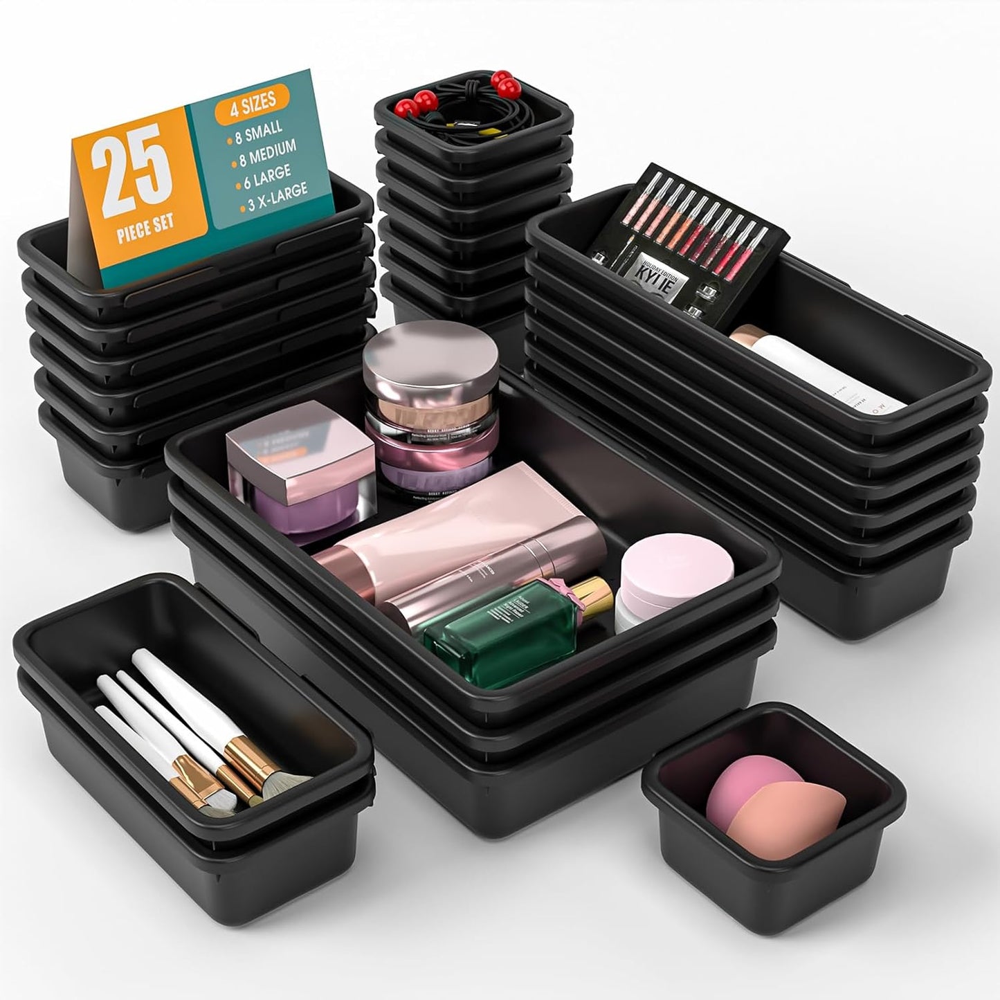 StoreHappily 10 PCS Drawer Organizer Set, 4 Size Makeup Drawer Divider Organizer With Non-Slip Pads, Interlocking Plastic Storage Bins for Office,Jewelry Vanity,Gadgets, Bathroom,Kitchen, Black