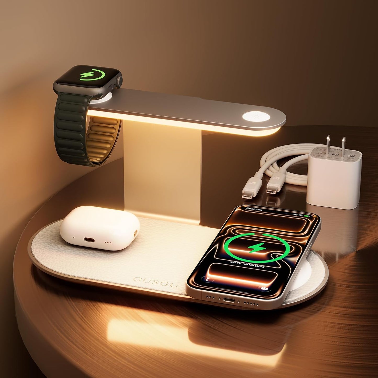 GUSGU 3 in 1 Charging Station with Three-Level Night Light, 15W Max Fast Charging, Wireless Charger for iPhone 15/14/13/12, iWatch S1-8/Ultra, AirPods(30W USB-C Charger Included), White
