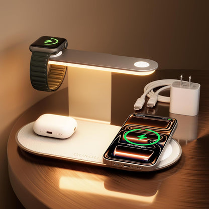 GUSGU 3 in 1 Charging Station with Three-Level Night Light, 15W Max Fast Charging, Wireless Charger for iPhone 15/14/13/12, iWatch S1-8/Ultra, AirPods(30W USB-C Charger Included), White