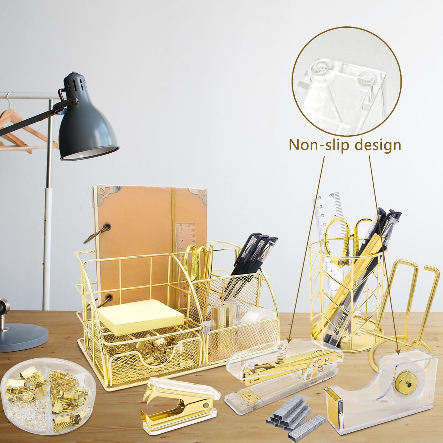 Office Desk Organizers, Rose Gold 13PCS Office Supplies and Accessories Desk organizer, Acrylic Stapler, Staple Remover, Clips, Scissor, Phone Holder, Pen, Pen Holder (Rose Gold)
